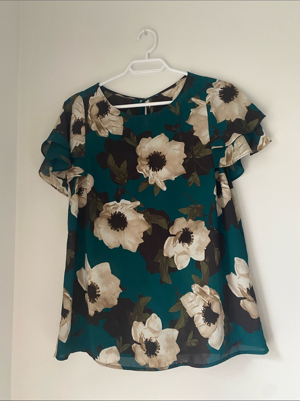 Teal Floral Ruffle Sleeve Blouse